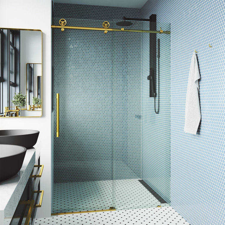 Matte Brushed Gold Frameless Sliding Shower Door with Clear Glass