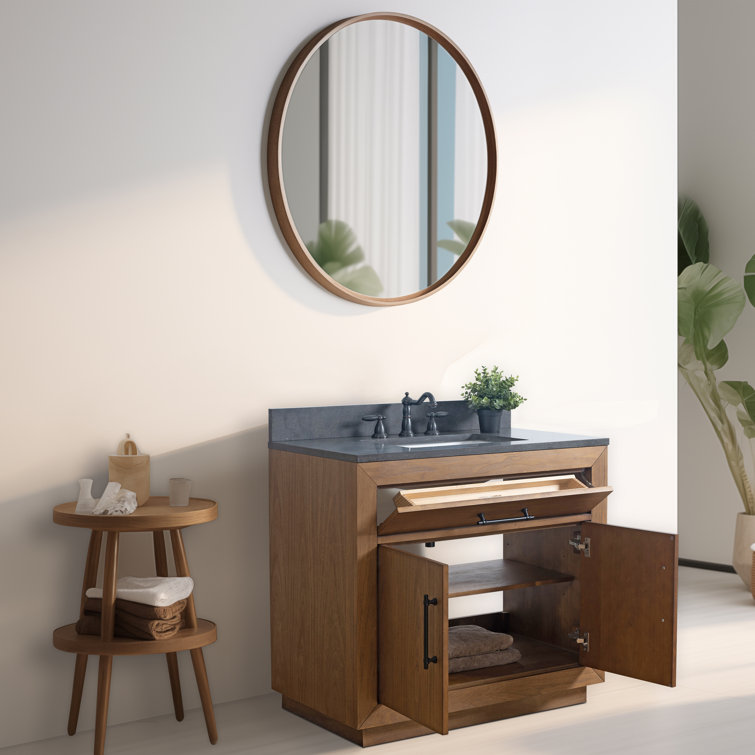 36" Tan Poplar Wood Bathroom Vanity with Black Limestone Top
