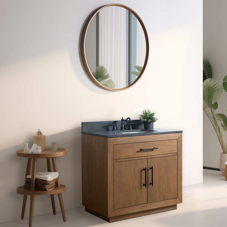 36" Tan Poplar Wood Bathroom Vanity with Black Limestone Top