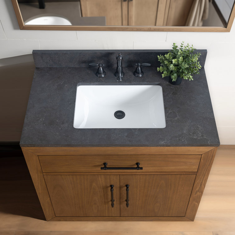 36" Tan Poplar Wood Bathroom Vanity with Black Limestone Top