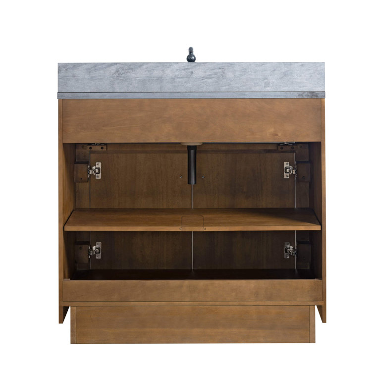 36" Tan Poplar Wood Bathroom Vanity with Black Limestone Top