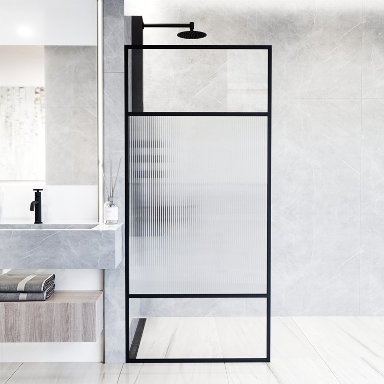 Essex Matte Black 34" x 74" Framed Fluted Glass Shower Screen