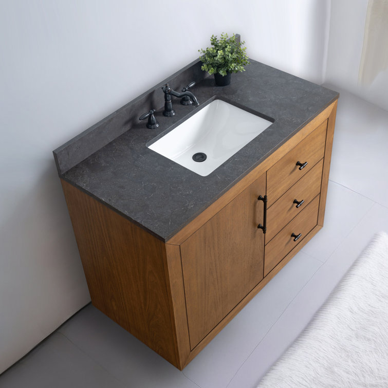 Tan 42" Single Bathroom Vanity with Black Limestone Top