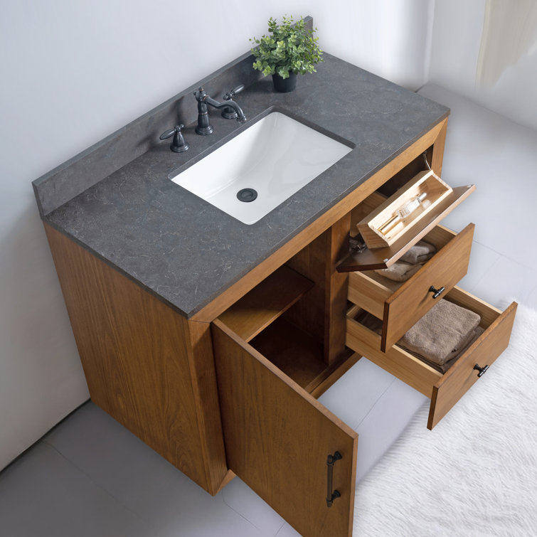 Tan 42" Single Bathroom Vanity with Black Limestone Top