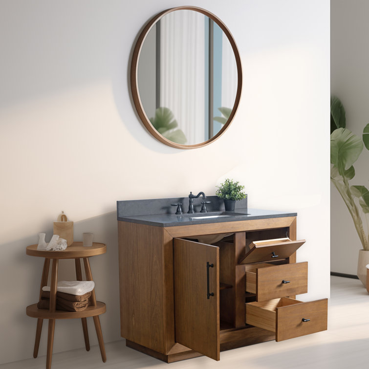 Tan 42" Single Bathroom Vanity with Black Limestone Top