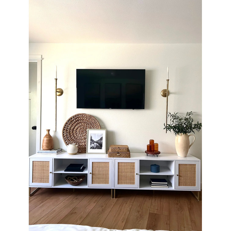 White and Gold Rattan Door TV Stand for 55" TVs
