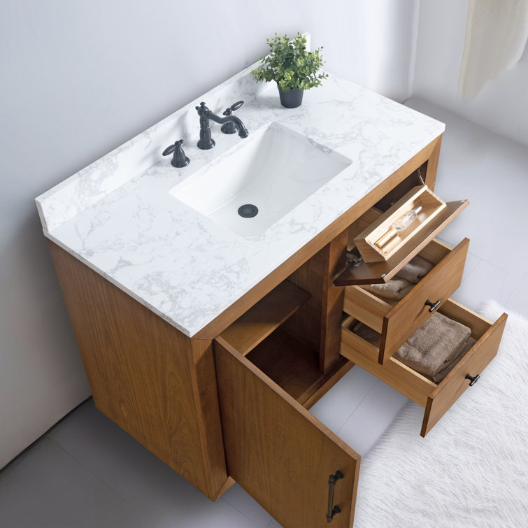 42" Tan Poplar Wood Single Bathroom Vanity with Marble Top