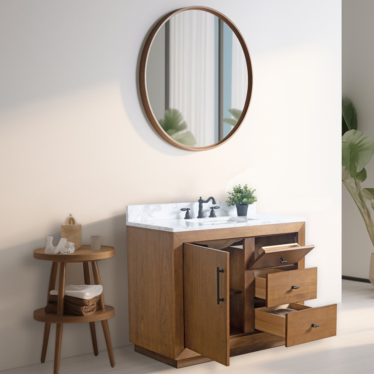 42" Tan Poplar Wood Single Bathroom Vanity with Marble Top