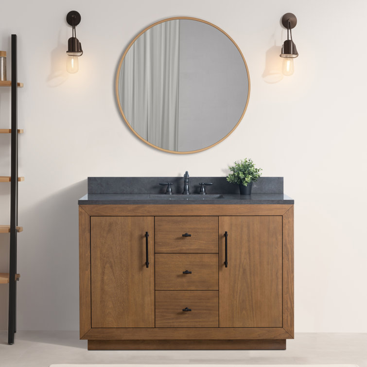 48" Tan Poplar Wood Bathroom Vanity with Black Limestone Top