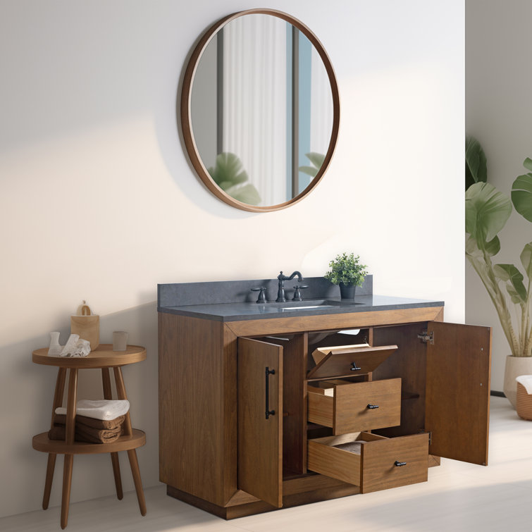 48" Tan Poplar Wood Bathroom Vanity with Black Limestone Top