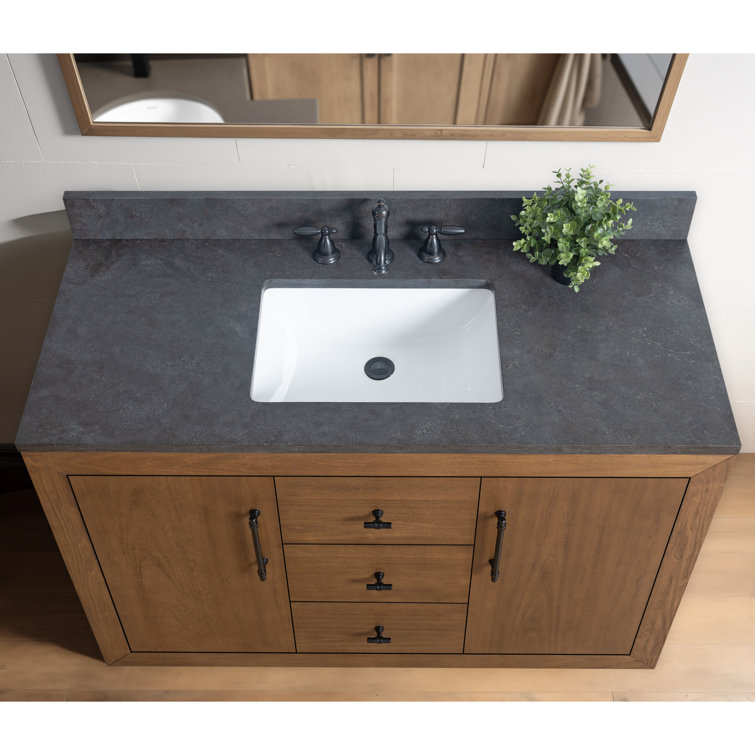 48" Tan Poplar Wood Bathroom Vanity with Black Limestone Top