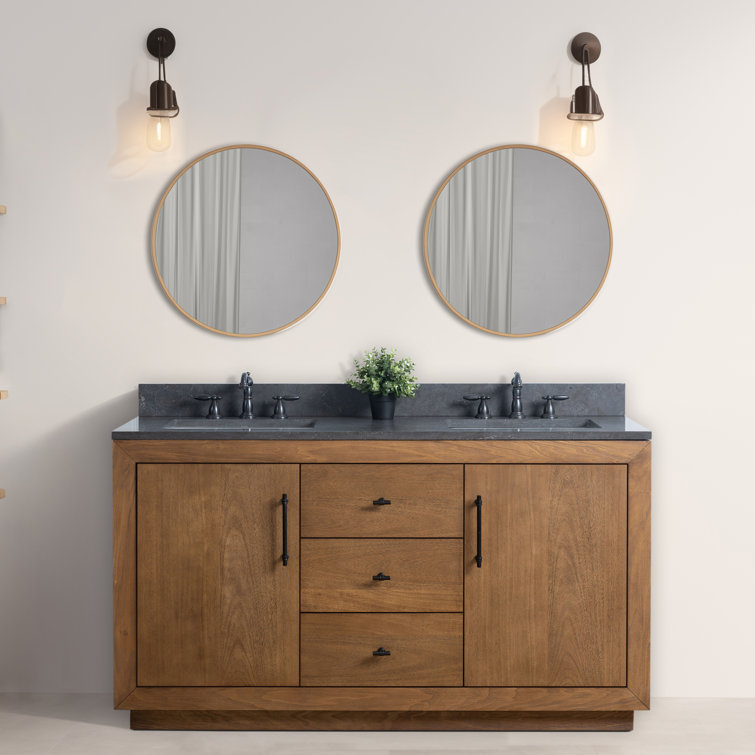 60" Tan Double Sink Bathroom Vanity with Black Limestone Top
