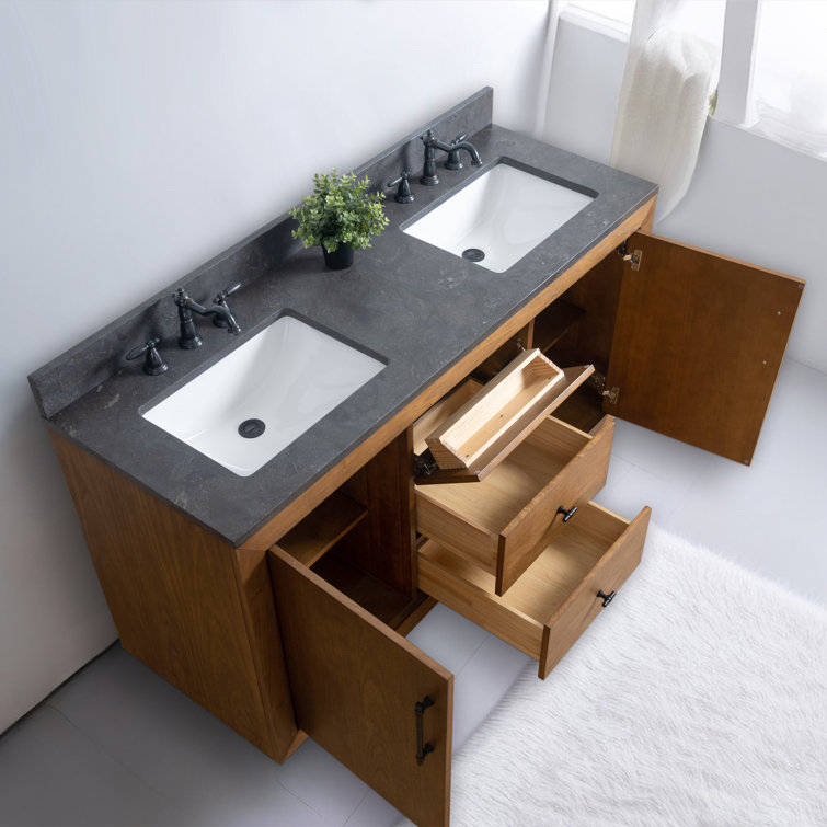 60" Tan Double Sink Bathroom Vanity with Black Limestone Top