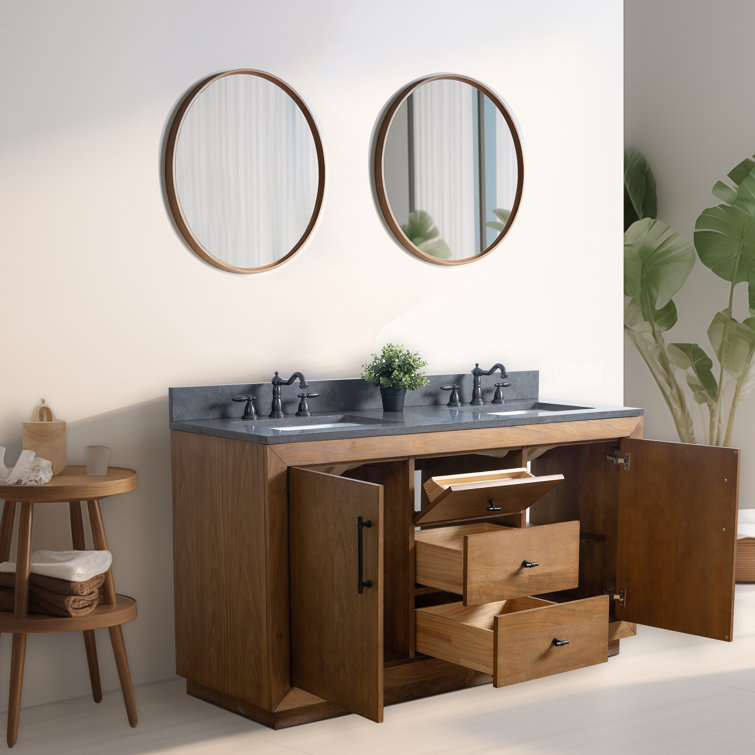 60" Tan Double Sink Bathroom Vanity with Black Limestone Top
