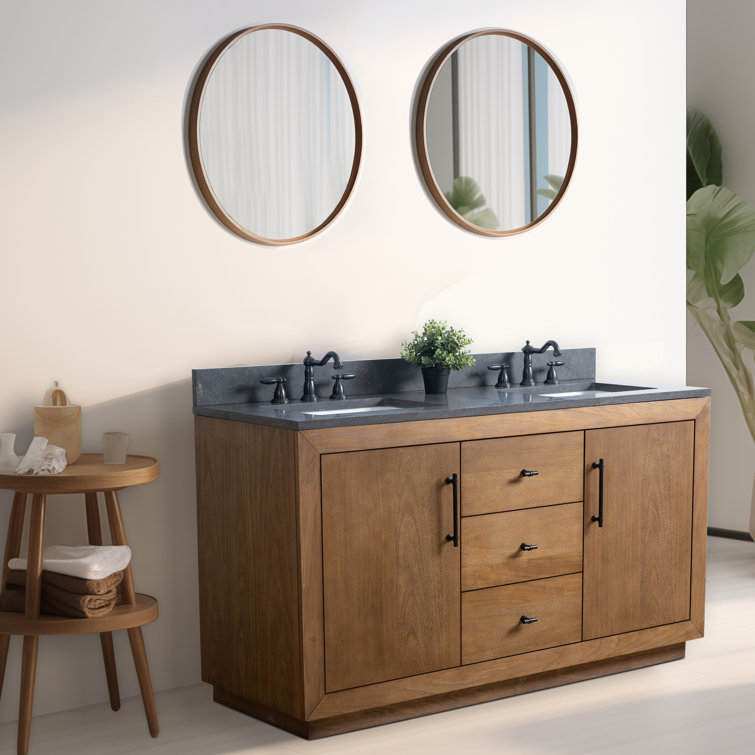 60" Tan Double Sink Bathroom Vanity with Black Limestone Top