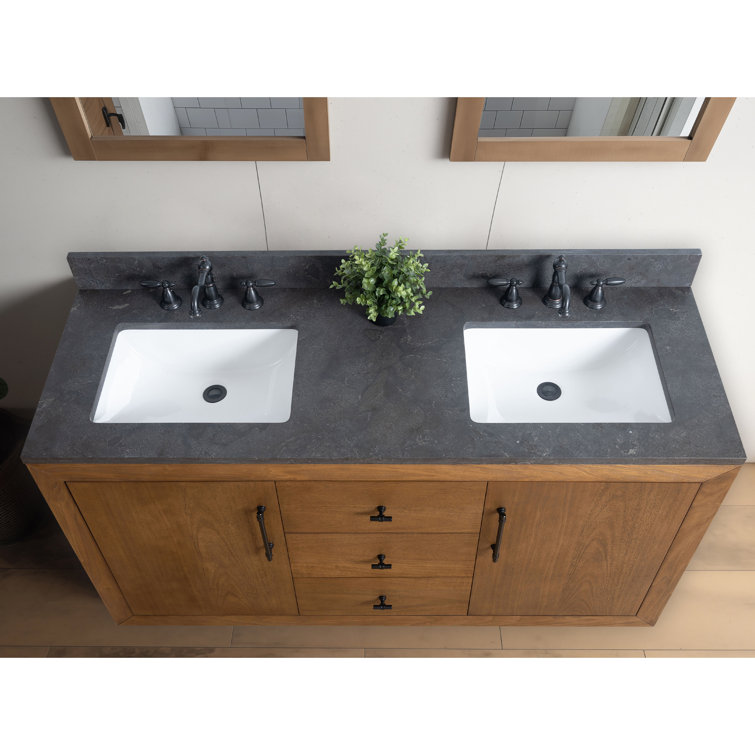 60" Tan Double Sink Bathroom Vanity with Black Limestone Top