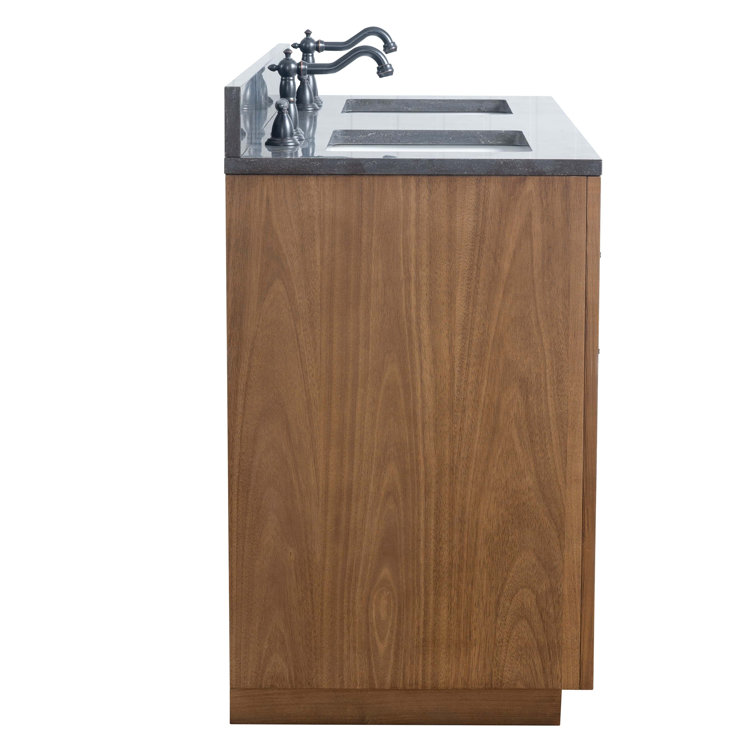 60" Tan Double Sink Bathroom Vanity with Black Limestone Top