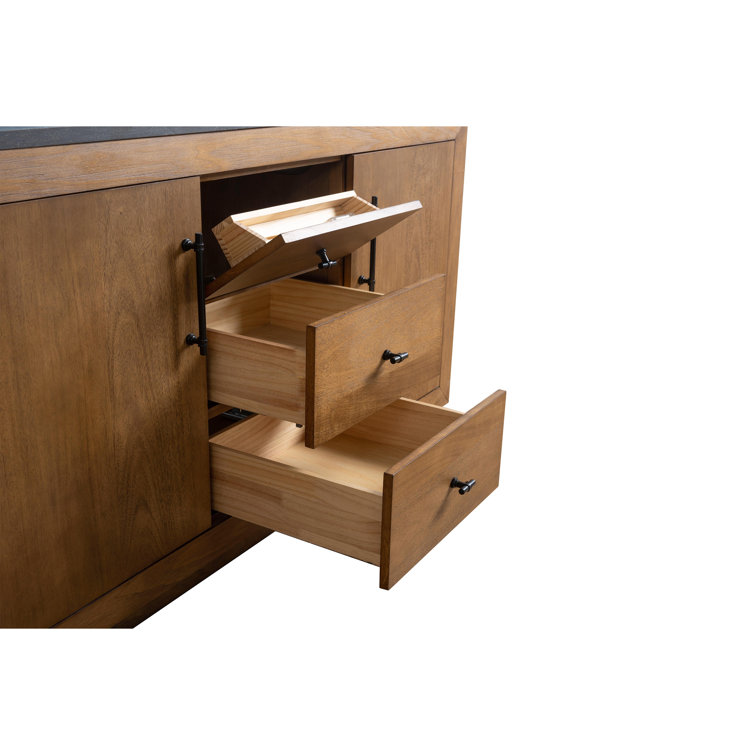 60" Tan Double Sink Bathroom Vanity with Black Limestone Top