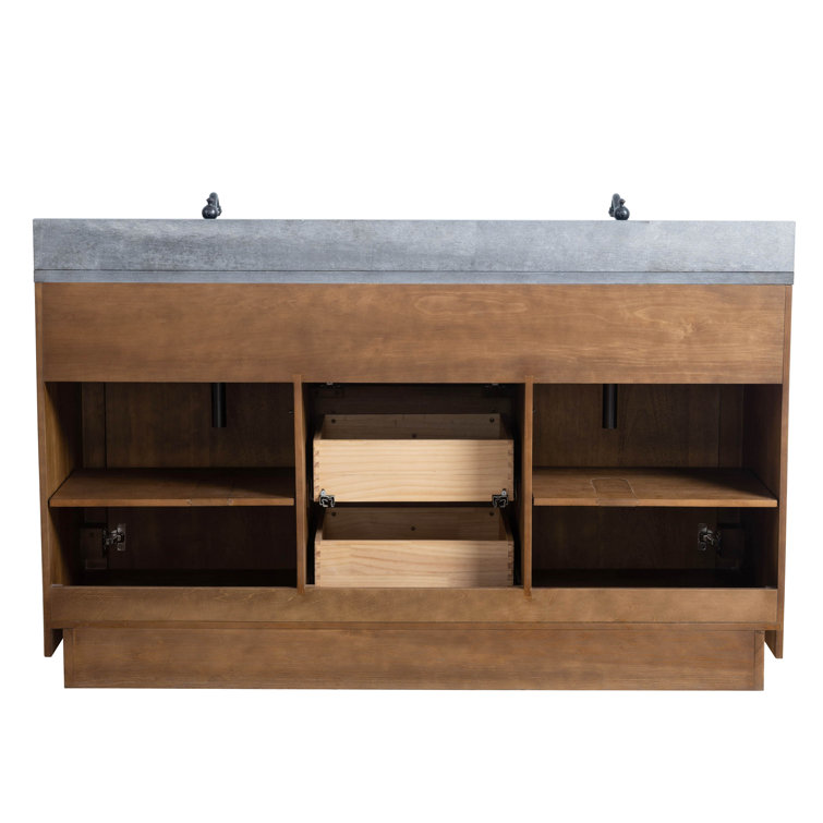 60" Tan Double Sink Bathroom Vanity with Black Limestone Top