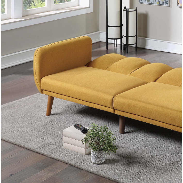 Mustard Faux Leather Tufted Sleeper Sofa with Wooden Legs