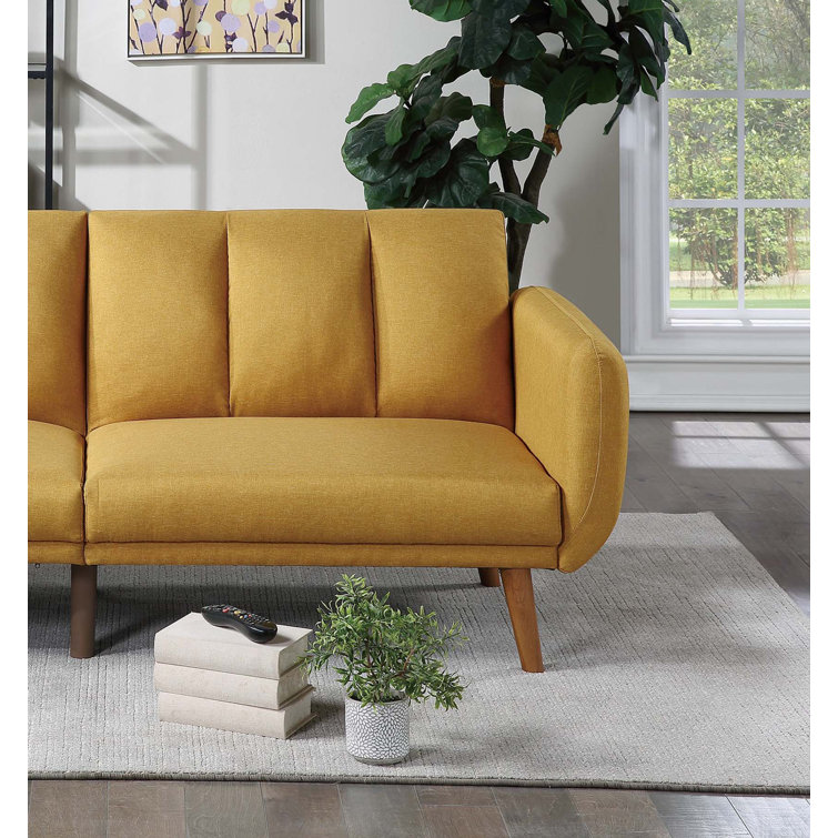 Mustard Faux Leather Tufted Sleeper Sofa with Wooden Legs