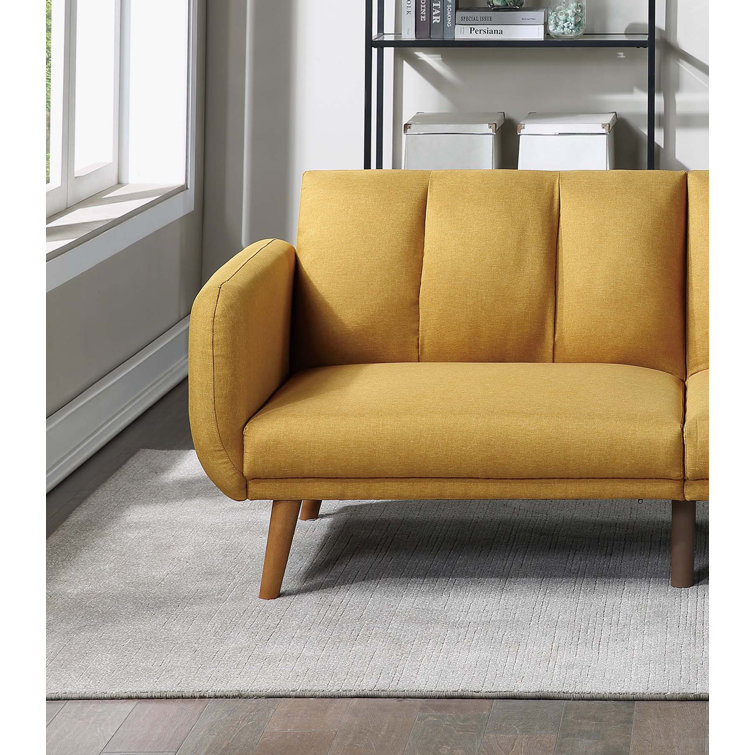 Mustard Faux Leather Tufted Sleeper Sofa with Wooden Legs