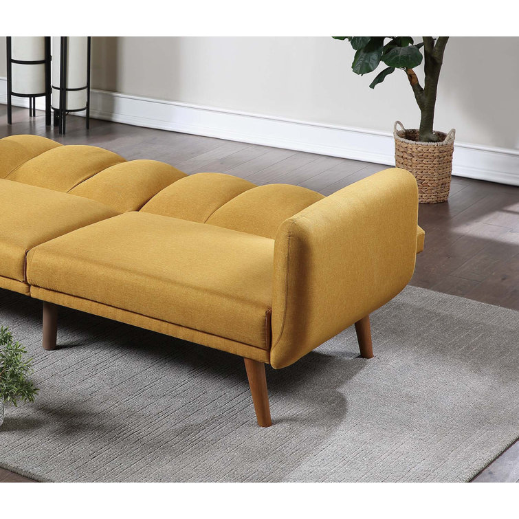 Mustard Faux Leather Tufted Sleeper Sofa with Wooden Legs