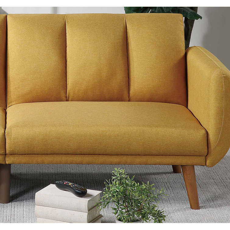 Mustard Faux Leather Tufted Sleeper Sofa with Wooden Legs