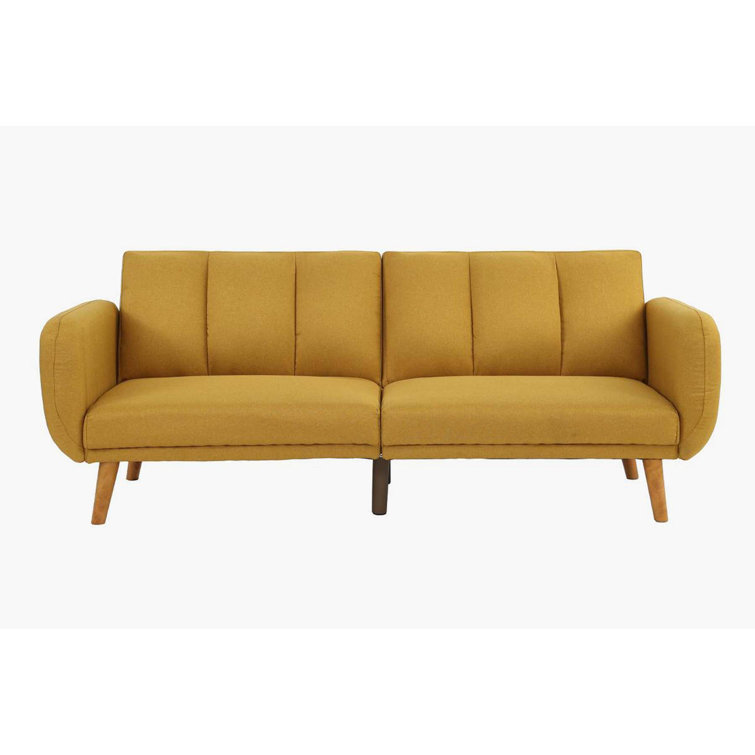 Mustard Faux Leather Tufted Sleeper Sofa with Wooden Legs