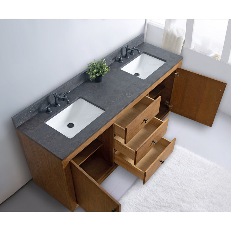 72" Tan and Black Limestone Double Sink Bathroom Vanity