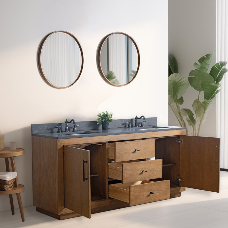 72" Tan and Black Limestone Double Sink Bathroom Vanity