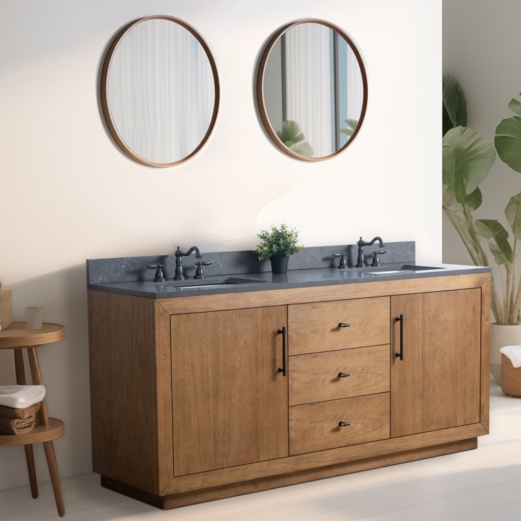 72" Tan and Black Limestone Double Sink Bathroom Vanity