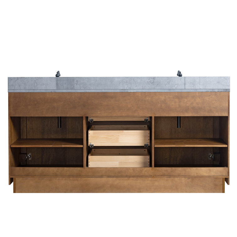 72" Tan and Black Limestone Double Sink Bathroom Vanity