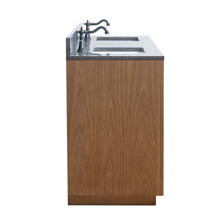 72" Tan and Black Limestone Double Sink Bathroom Vanity