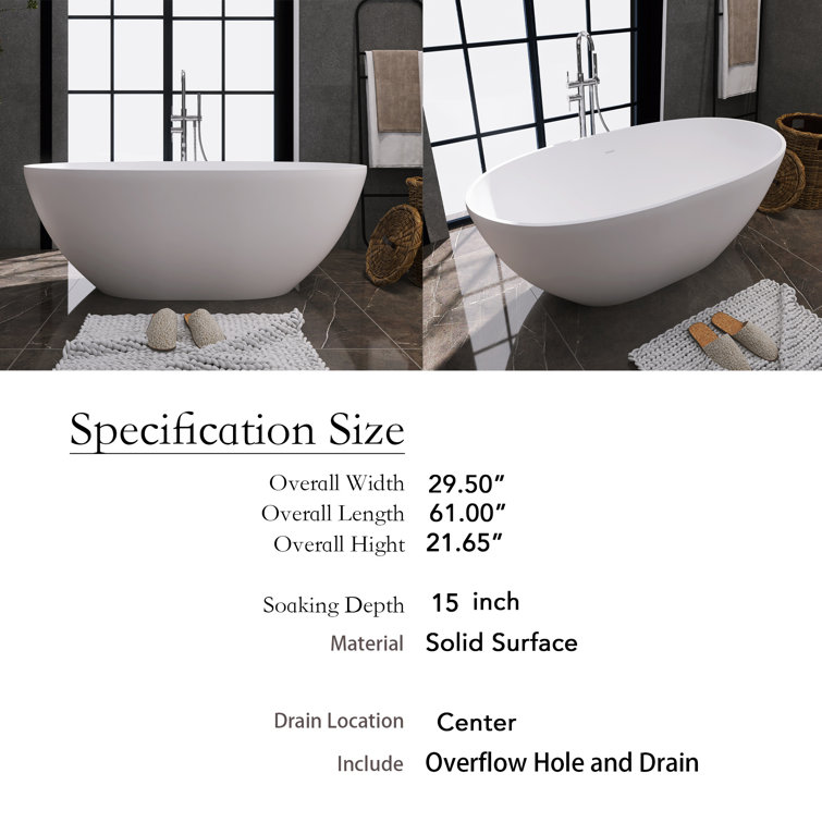 67'' White Solid Surface Freestanding Soaking Bathtub