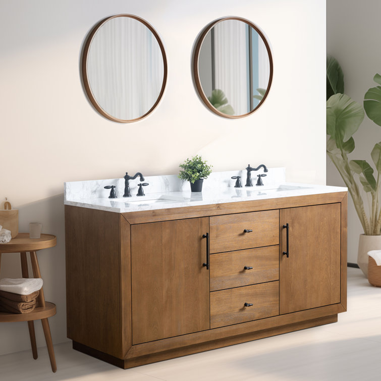 72" Tan Poplar Wood Double Sink Vanity with Arabescato White Marble Top