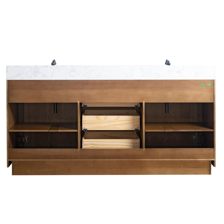 72" Tan Poplar Wood Double Sink Vanity with Arabescato White Marble Top