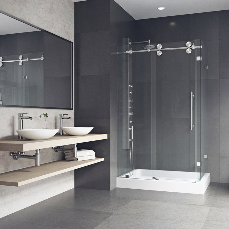 Winslow 46" Black Frameless Sliding Shower Enclosure with Clear Glass
