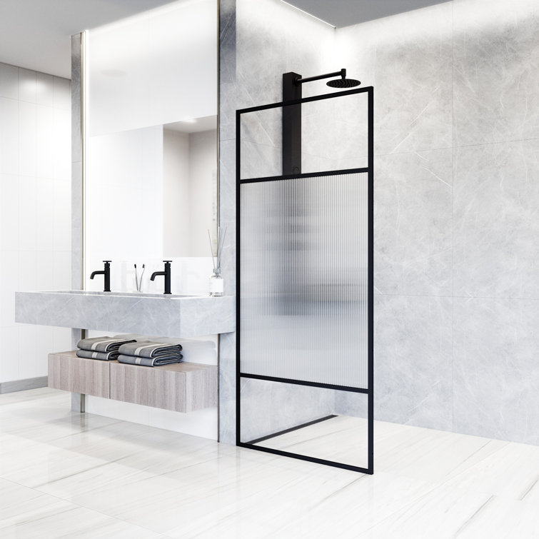 Essex Matte Black 34" x 74" Framed Fluted Glass Shower Screen