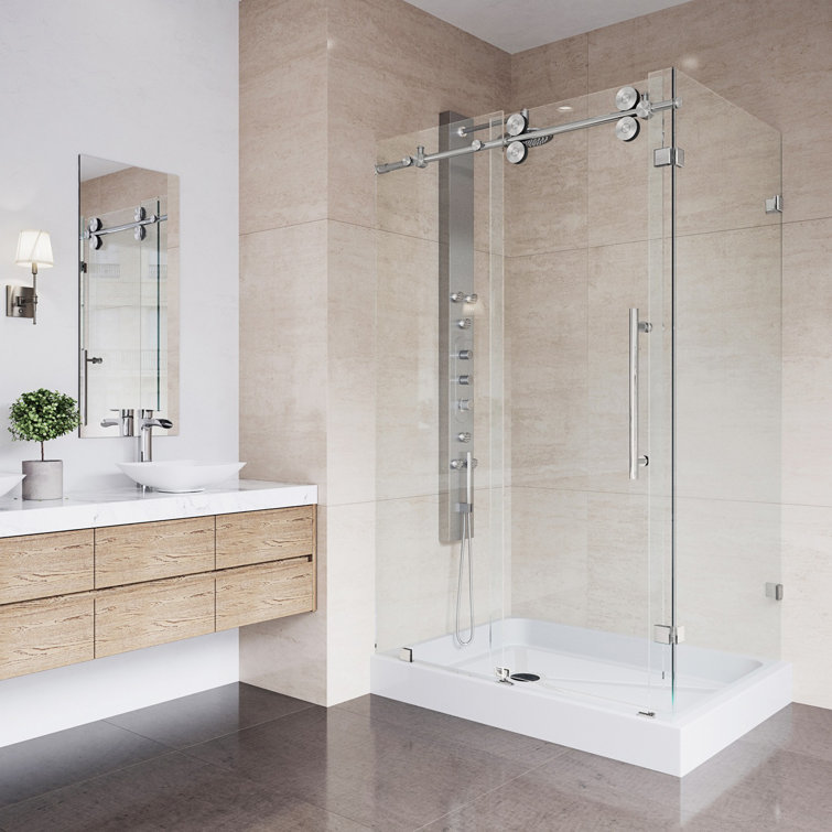 Winslow 46" Black Frameless Sliding Shower Enclosure with Clear Glass