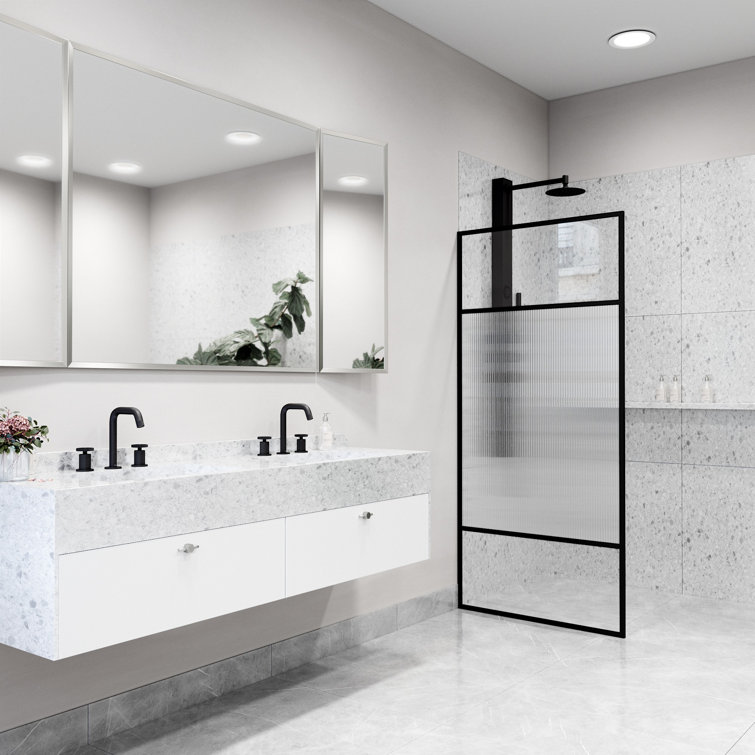 Essex Matte Black 34" x 74" Framed Fluted Glass Shower Screen