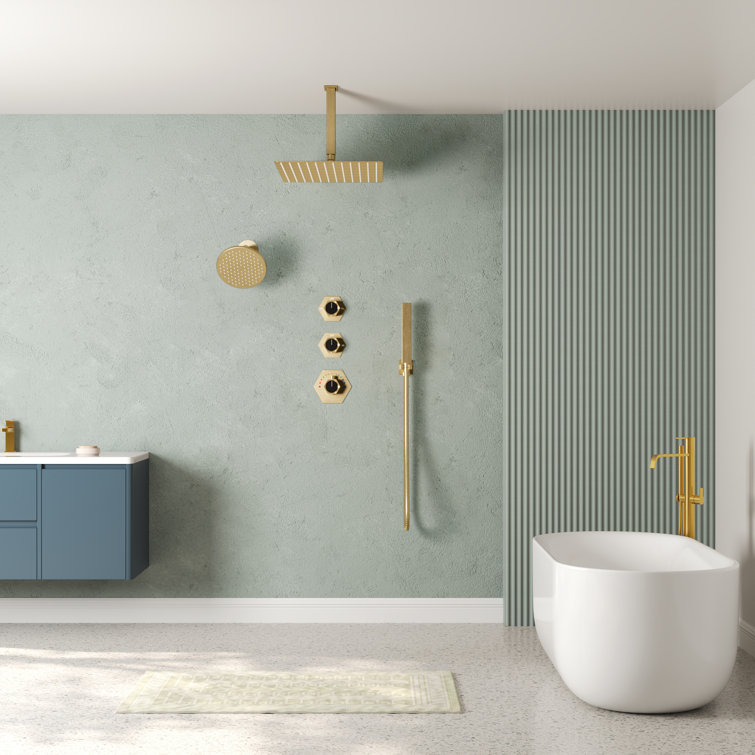 Brushed Gold Thermostatic Dual Showerhead System with Handheld Spray