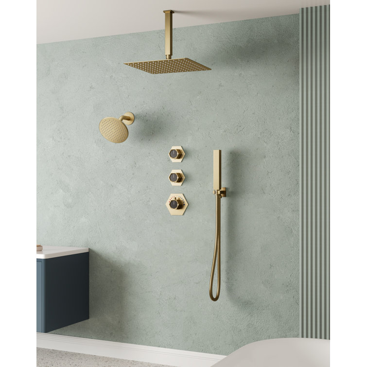 Brushed Gold Thermostatic Dual Showerhead System with Handheld Spray