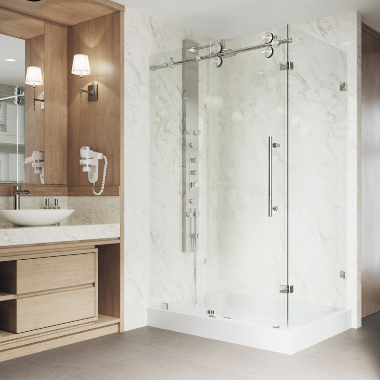 Winslow 46" Black Frameless Sliding Shower Enclosure with Clear Glass