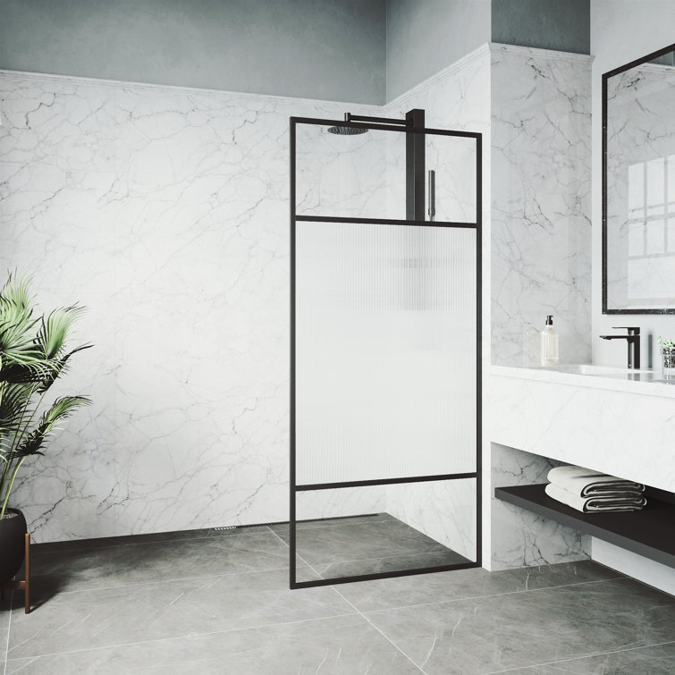 Essex Matte Black 34" x 74" Framed Fluted Glass Shower Screen
