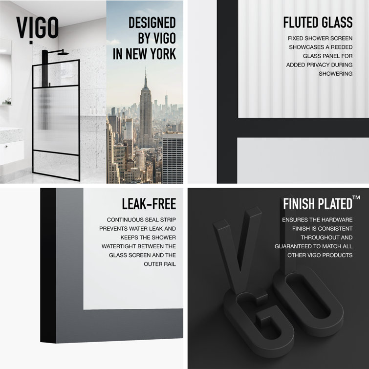 Essex Matte Black 34" x 74" Framed Fluted Glass Shower Screen