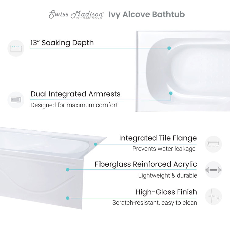 Ivy 60" x 30" White Acrylic Alcove Bathtub with Apron