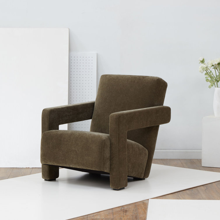 Olive Velvet Upholstered Armchair with Solid Wood Legs