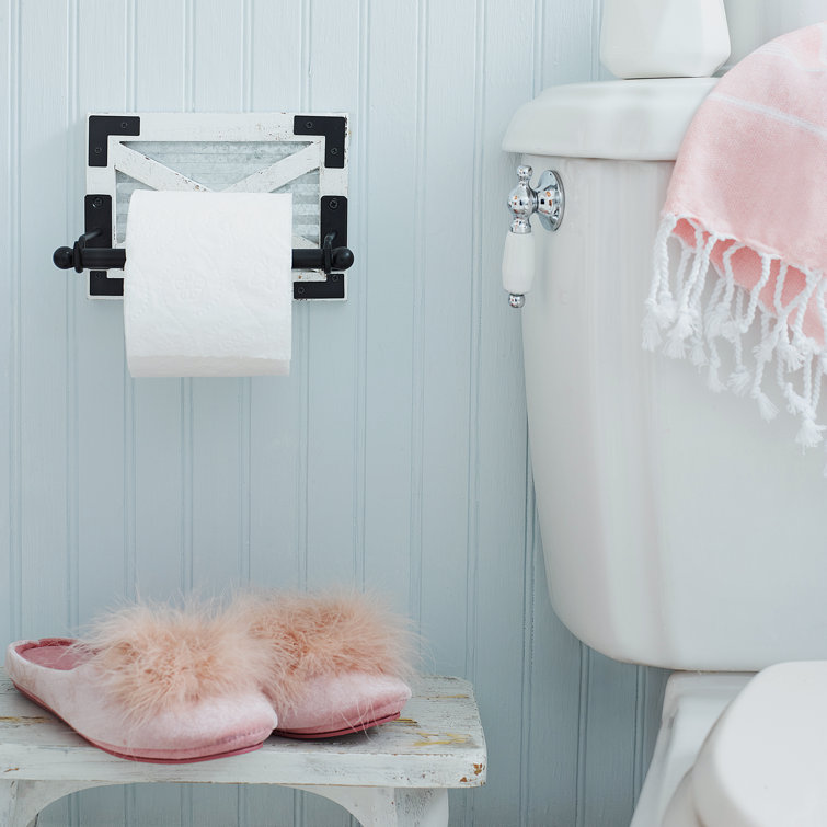 White and Black Rustic Wood Wall-Mount Toilet Paper Holder