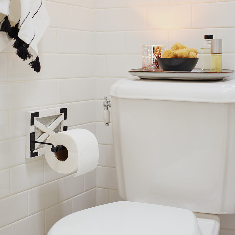 White and Black Rustic Wood Wall-Mount Toilet Paper Holder